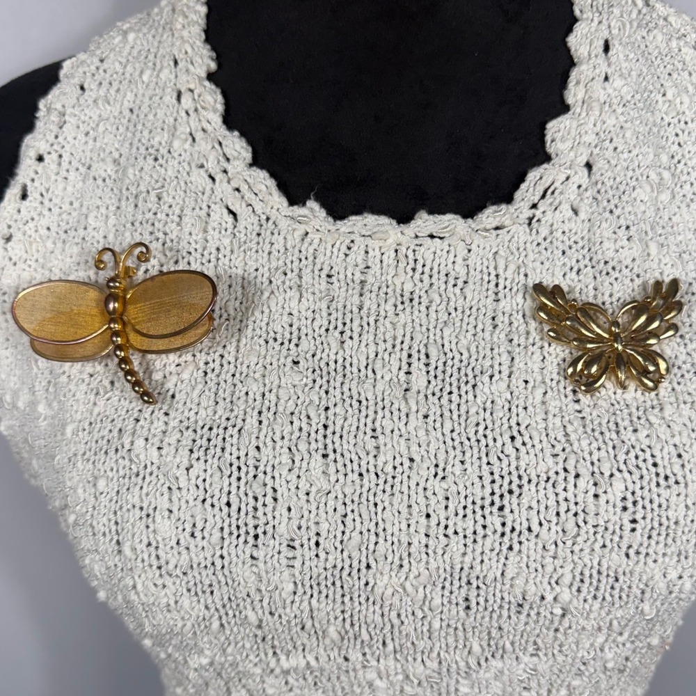 Vtg Trifari Butterfly Brooch & Mesh Dragonfly Pin Set Gold Tone Insect Jewelry